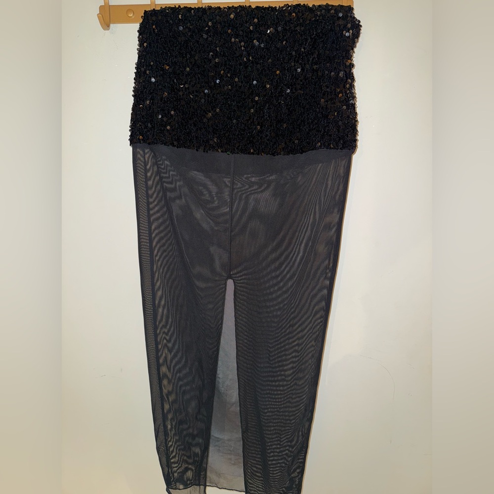 Black Sequin and Mesh Mini Skirt with Back Slit
